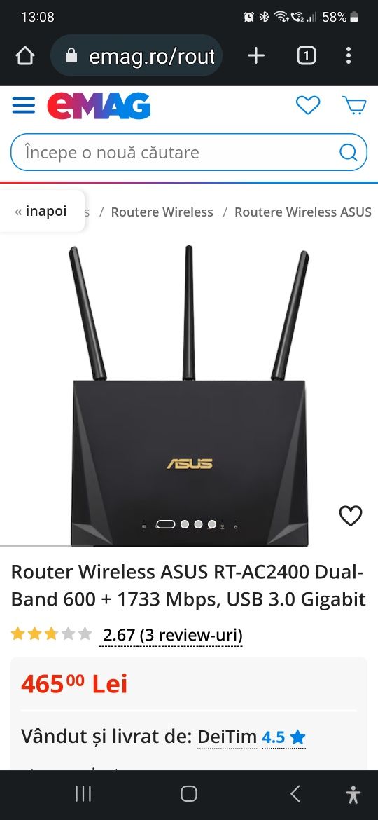 Router Wireless ASUS RT-AC2400 Dual-Band 600 + 1733 Mbps, USB 3.0