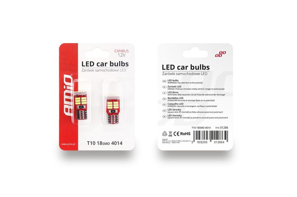 Bec de pozitie tip LED Canbus T10 W2.1x9.5 W5W, 12V 2.2W, 18 SMD, culoare alb, Amio, set 2 buc