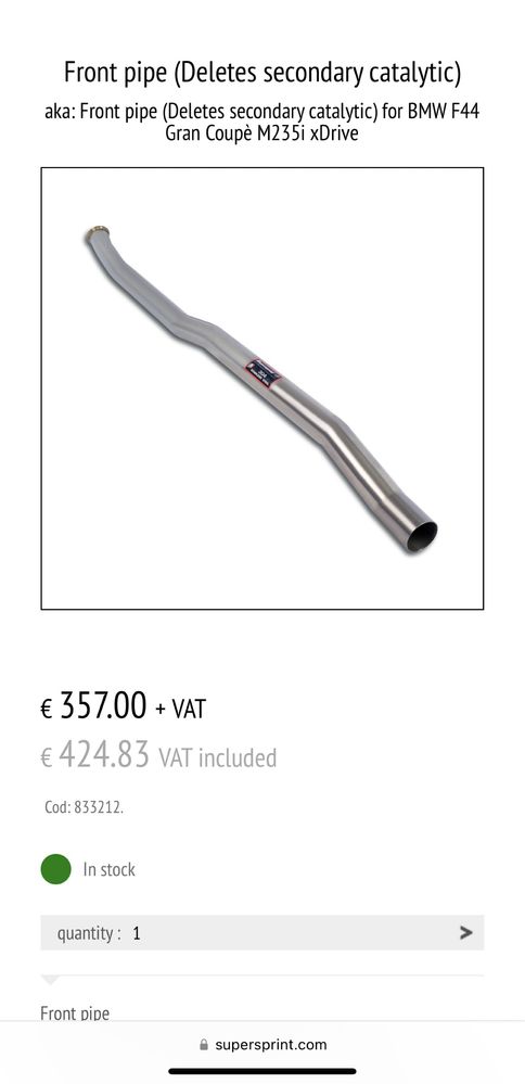 Vand intermediara + downpipe Supersprint Pentru bmw f40/f44