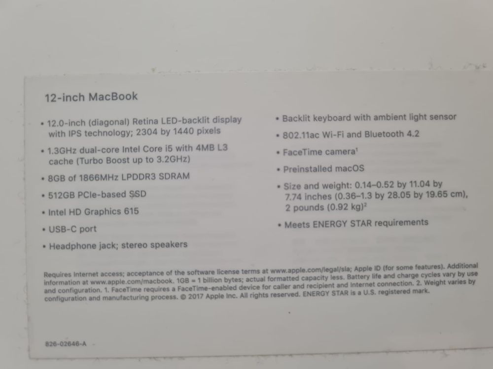 MacBook 12” 2017 512GB SSD Space Gray: 1.3 intel Core i5 8GB 1866Mhz