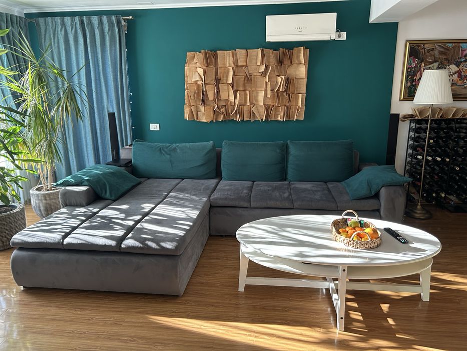 Vand coltar living gri extensibil cu lada de depozitare 310x210 cm,