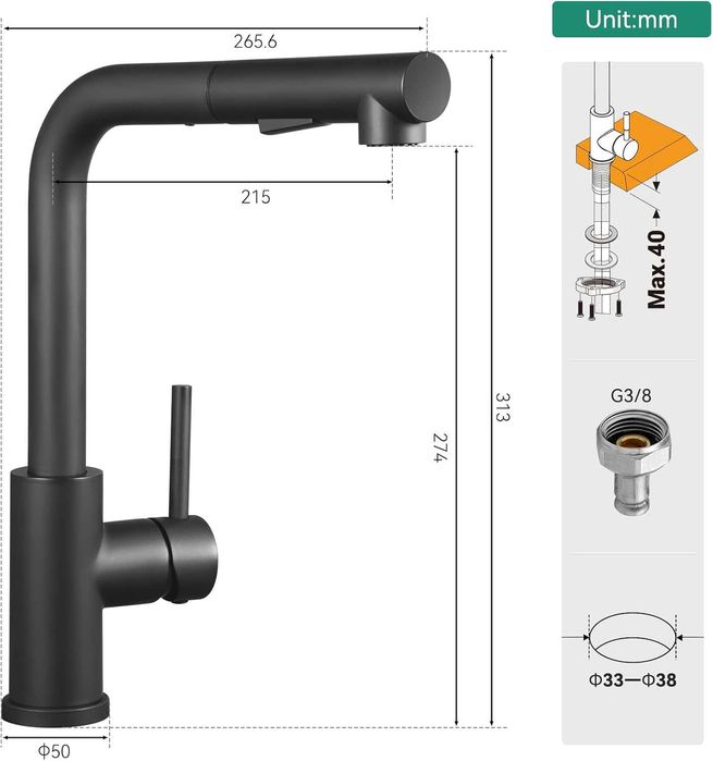 Baterie bucătărie neagră de înaltă presiune cu extensie