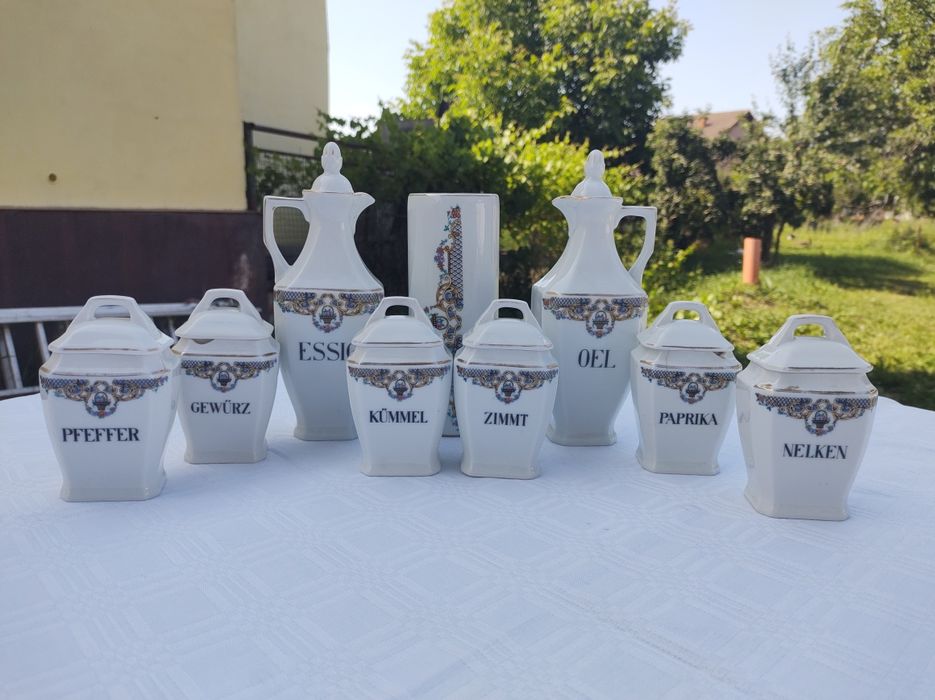 Set condimente vechi antic H&C Chodau german nemtesc si supiera pahare