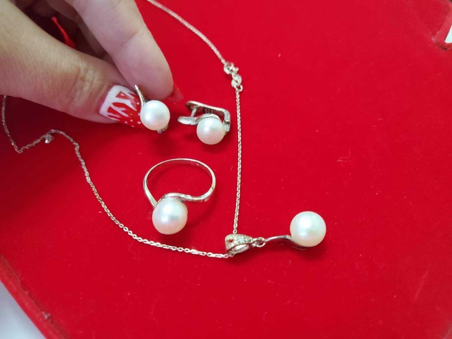 AG231,set argint 925, marcat, perlute cultura,4 piese, ideal cadou