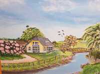 Къща край реката - нарисувана на платно