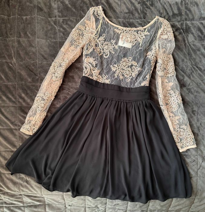 Rochie de seara cu dantela bej  si voal negru NOUA_marime 36