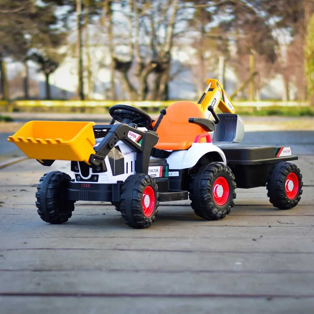 Tractoras electric pt copii remorca, incarcator frontal si cupa spate