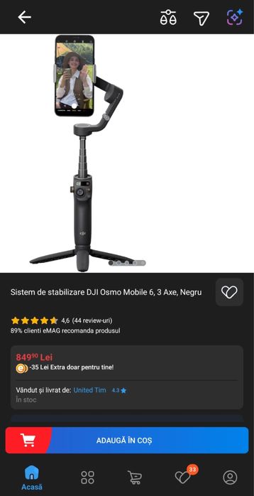 Sistem de stabilizare DJI Osmo Mobile 6, 3 Axe, Negru.