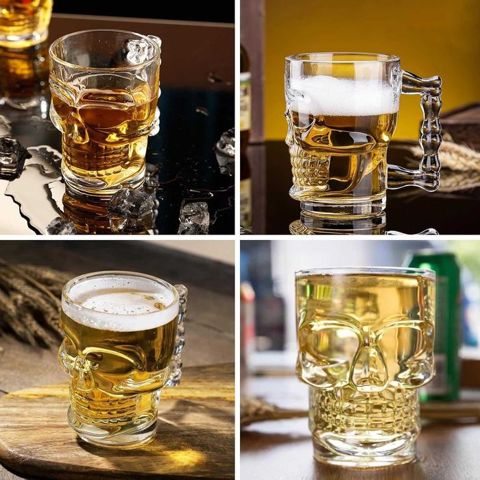 Pahar cu maner in forma de craniu 500 ml Halba din sticla pentru bere