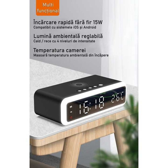 Ceas cu alarma digital, Lumina ambientala, Incarcare wireless, Negru