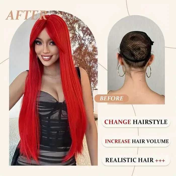 80 см Ярко червена права синтетична перука с дълъг бретон