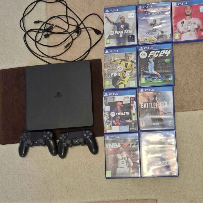 Vând PS4 1TB, 2 manete, 7 jocuri+ fc25 in cont,+ cablu hdmi, controler