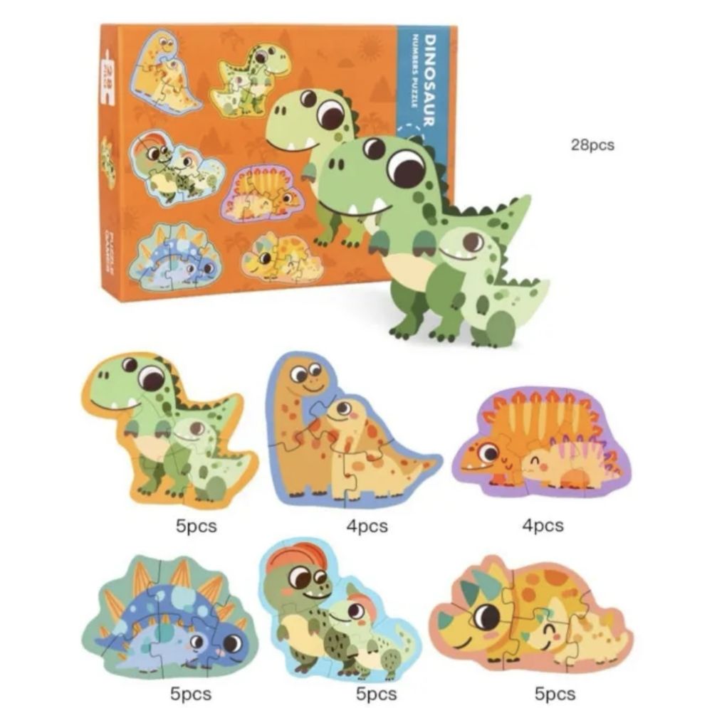 Puzzle din lemn in cutie cu 6 dinozauri, 28 piese, NOU