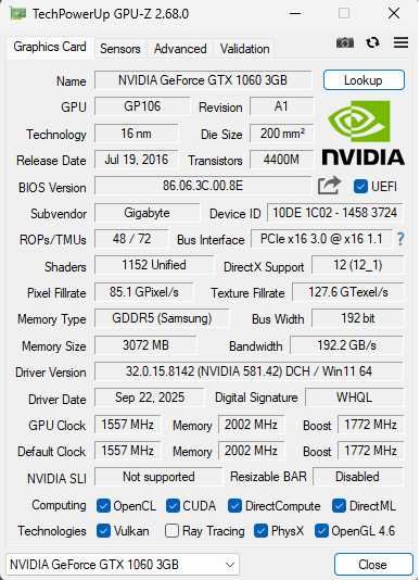 nVIDIA GTX 1060 3gb