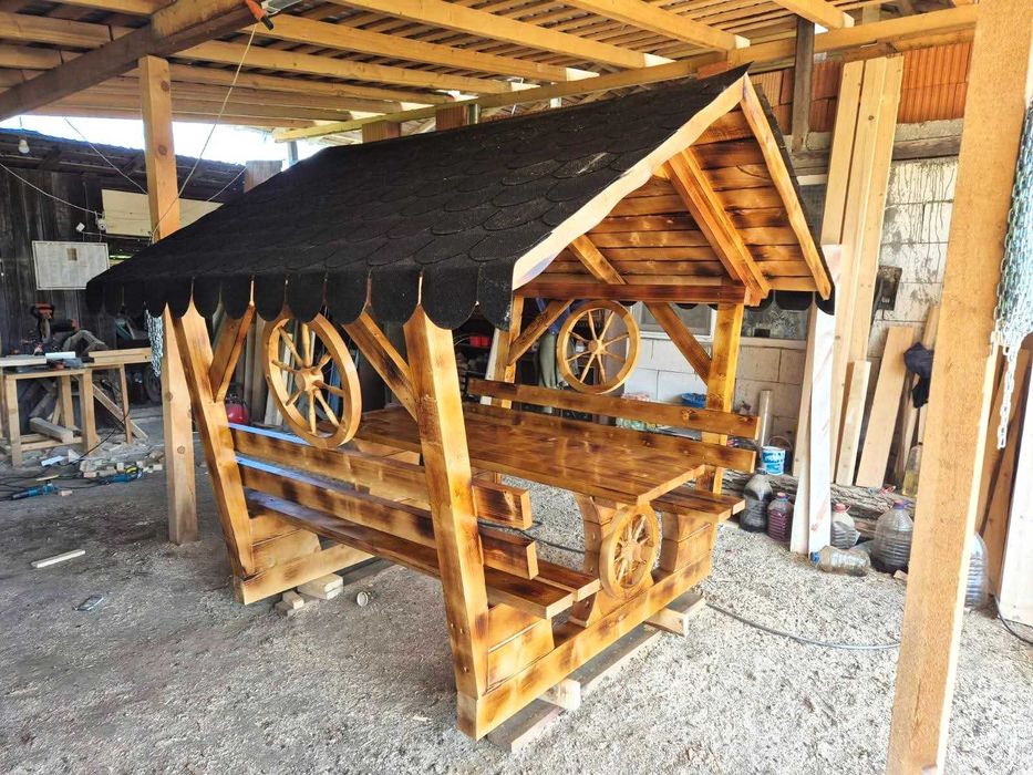 Set mobilier rustic din lemn masiv – masă + bănci/scaune