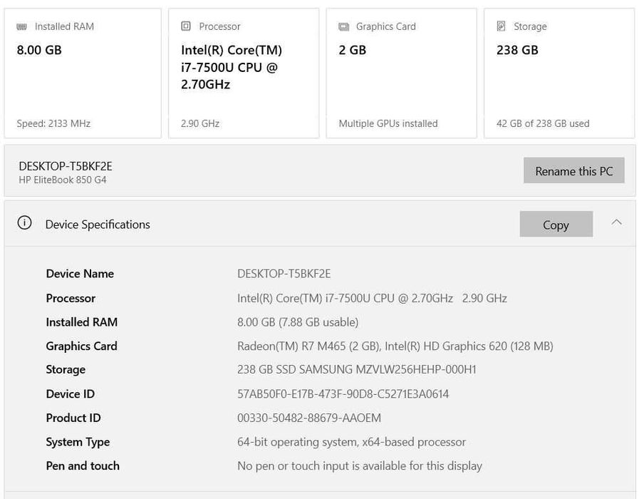 Vand HP EliteBook 850 G4, procesor  i7, 16GB, 256GB SSD