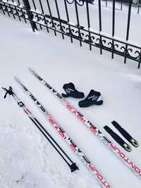 Лыжи, лыжные ботинки, лыжные палки, крепление для лыж