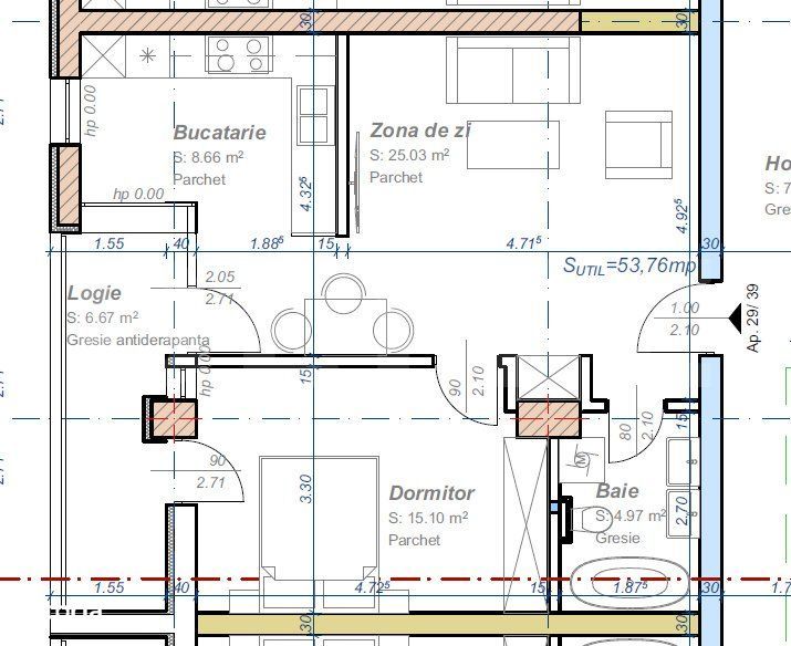 Apartament cu 2 camere, semidecomandat, 53 mp utili, logie 6,67, zona