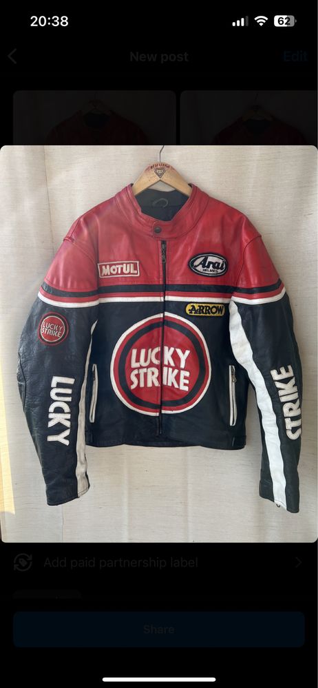 lucky strike 90s real leather racing biker jacket 80s