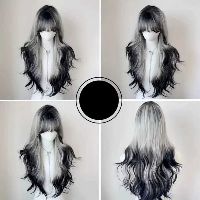 Косплей аниме дълга сребристо сива перука с тъмни краища и бретон