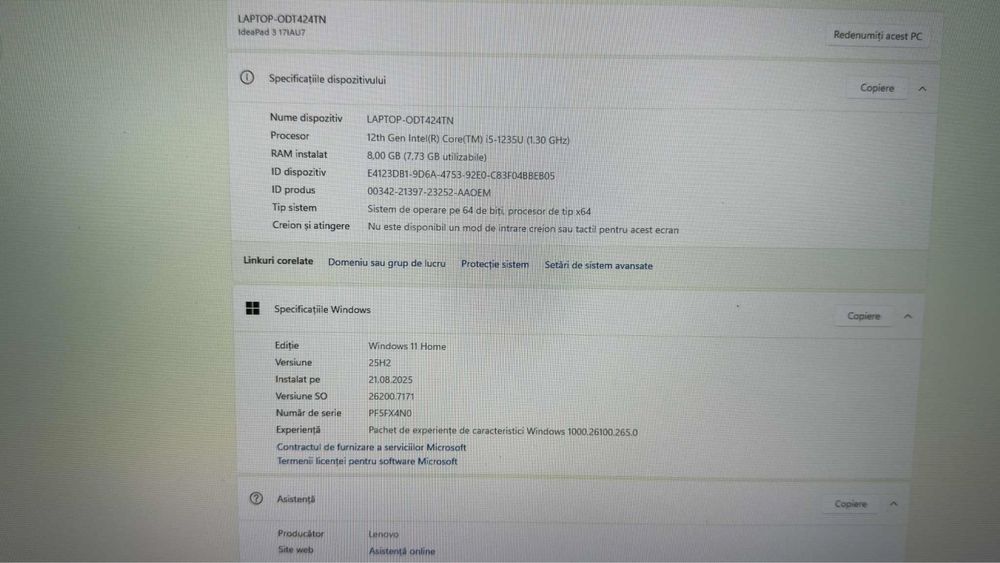 Vând/ Schinb Laptop Lenovo IdeaPad 3 17IAU7 8 GB RAM 512 GB memorie