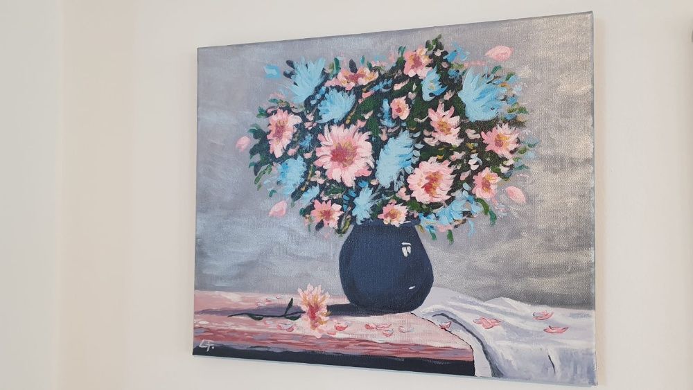 Tablou acrilic pe panza cu sasiu de lemn 46x38cm Vaza cu Flori