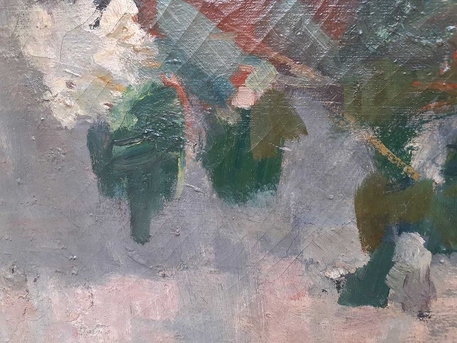 Tablou vechi - flori si carte - semnat St. Popescu