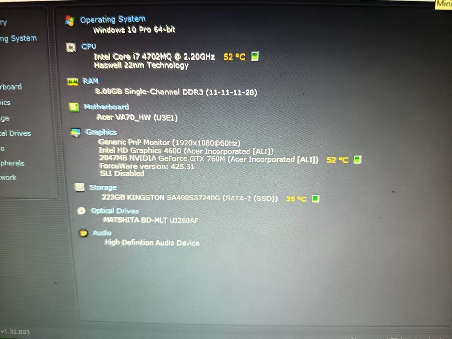 Laptop Acer gaming, Core i7 4702MQ, GTX 760m 2gb ddr5, 8gb, ssd 240