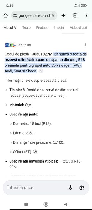 Roata slim 18 vw. Skoda .audi.seat