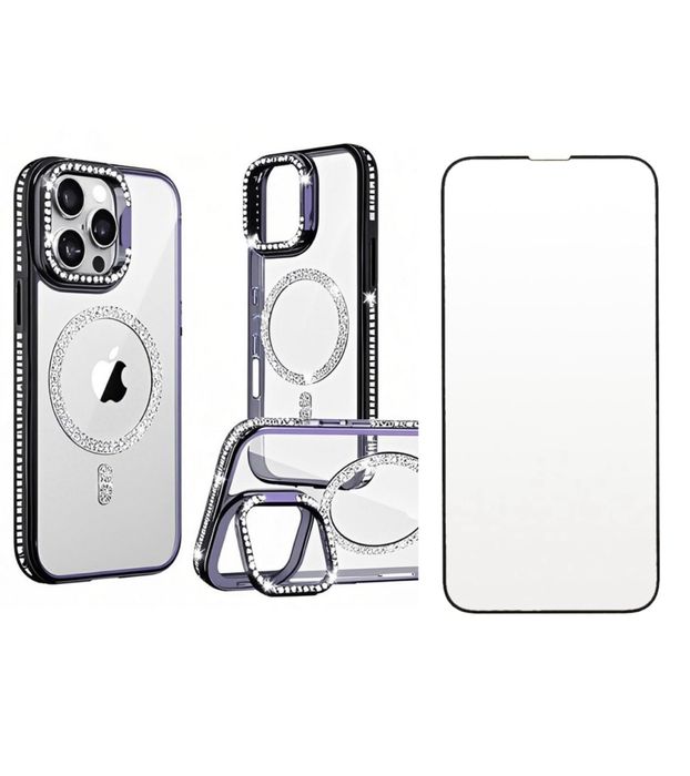 Iphone 15/16/PRO/MAX Husa Stand Glitter + Folie Sticla Full Space