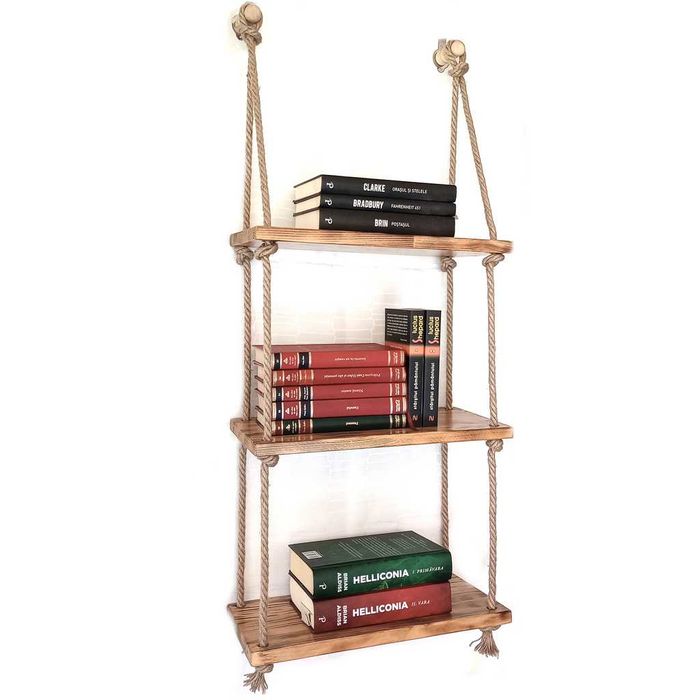 Raft suspendat din lemn ars si sfoara, handmade, rustic