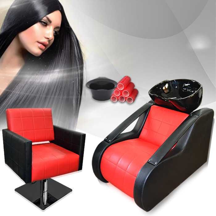 Комплект измивна колона и фризьорски стол NATURAL/Red & Black