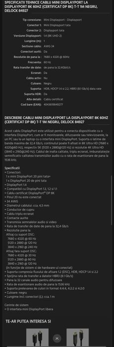 Cablu Mini DisplayPort la DisplayPort 1.4 8K 60-240HZ Display Port DEL
