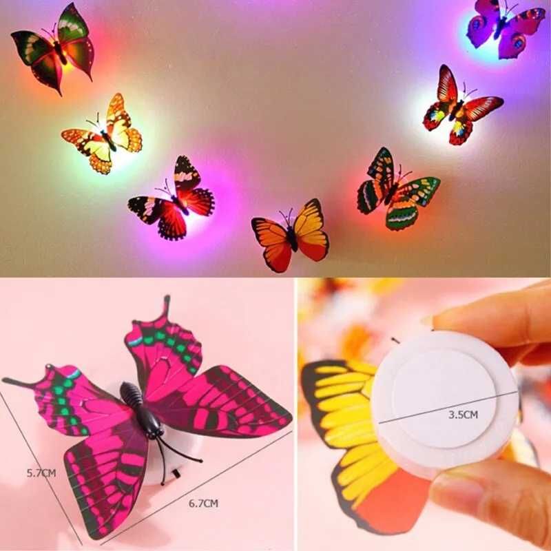 Set 4 Fluturi. Sticker cu lumină colorată. ButonON/OFF.Include baterie