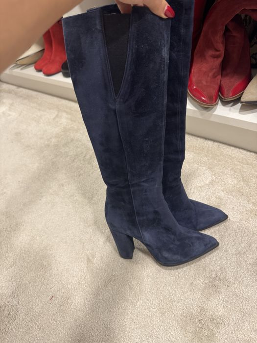 Сини ботуши естествен велур и червени италиански ботуши