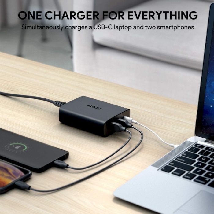 AUKEY USB-C зарядно, 74.5W- с 46W PD 3.0 (PPS) и 18W QC 3.0, 3 порта,