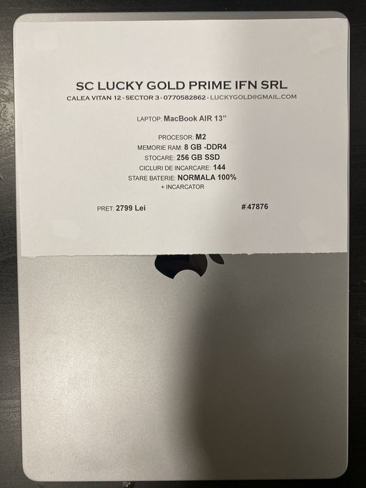 Macbook Air 13, M2, 8GB ram, 256GB SSD, bat 100%, 144 cicluri, #47876