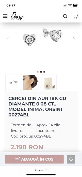 Cercei din aur 18K Orsini cu diamante 0,08 CT., MODEL INIMA
