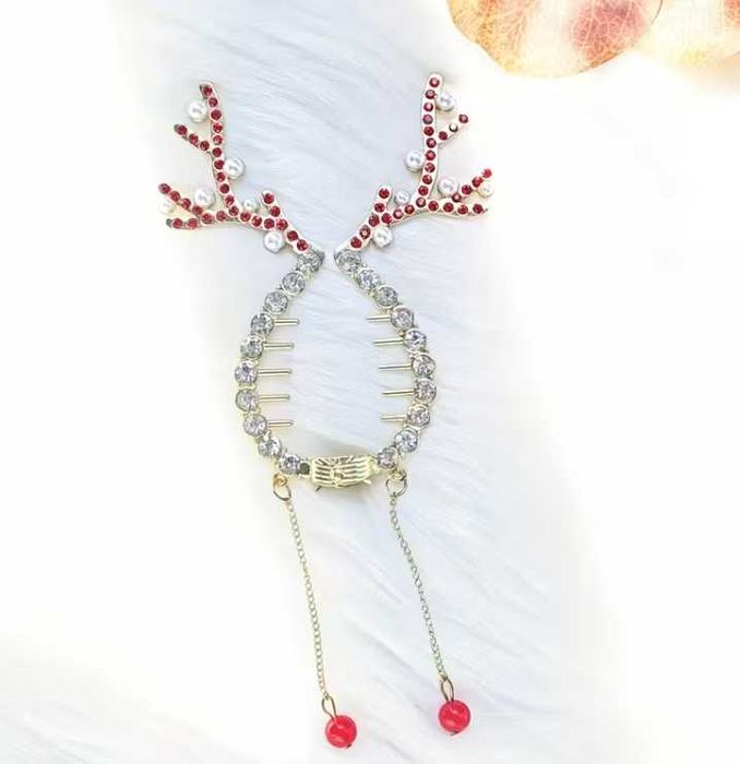 Коледна фиба с еленови рога аксесоар за коса с перли и златни детайли