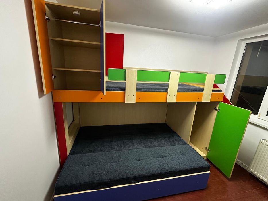 Pat MASIV pentru copii supraetajat cu sertare si sifoniere