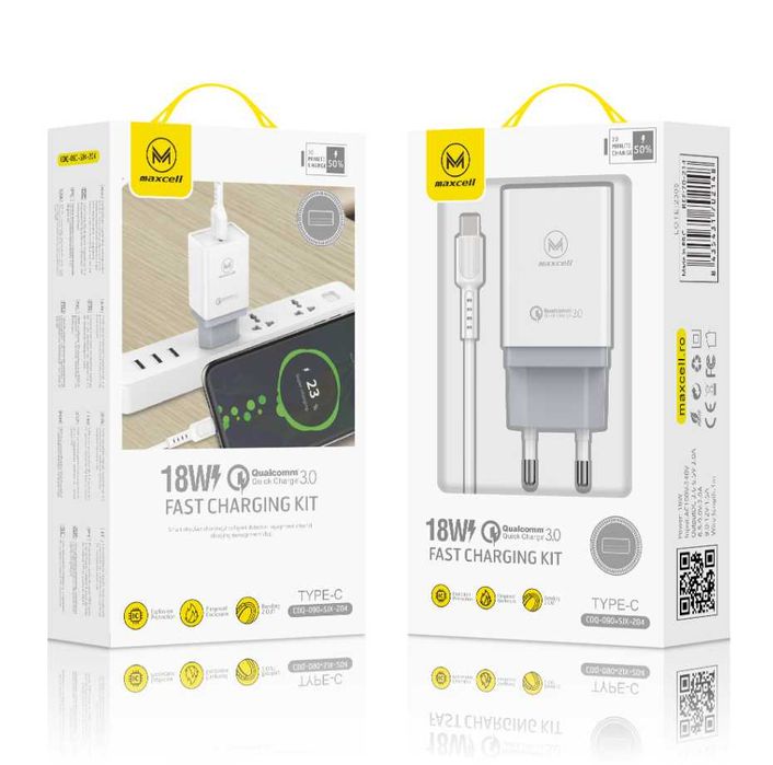 Set Incarcator Retea + Cablu USB-C, Maxcell, 18W, 3A, 1xUSB-A, QC 3.0