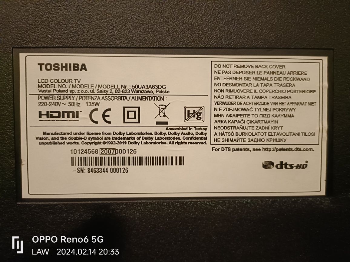 Televizor Toshiba 50UA3A63DG, 126 cm, Smart Android, 4K Ultra HD, LED