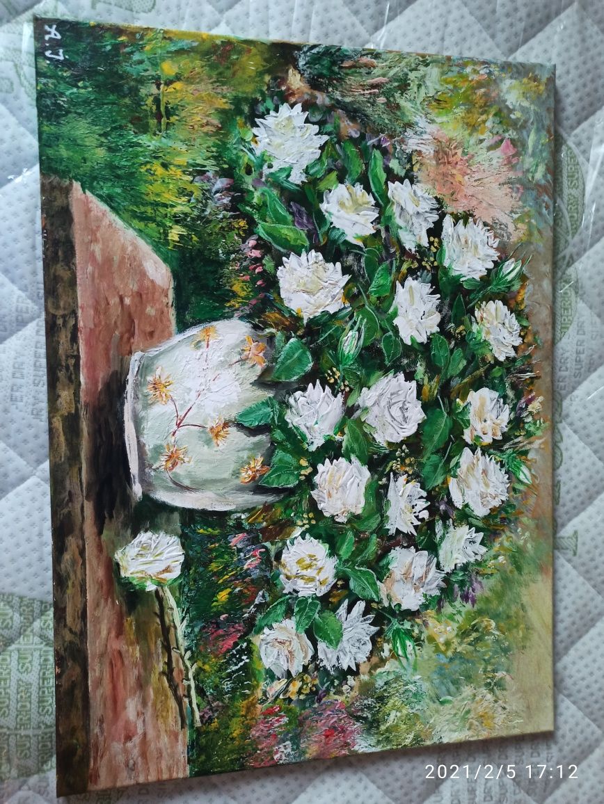 Tablou Vaza cu trandafirii albi ( pictura acrilic pe panza)