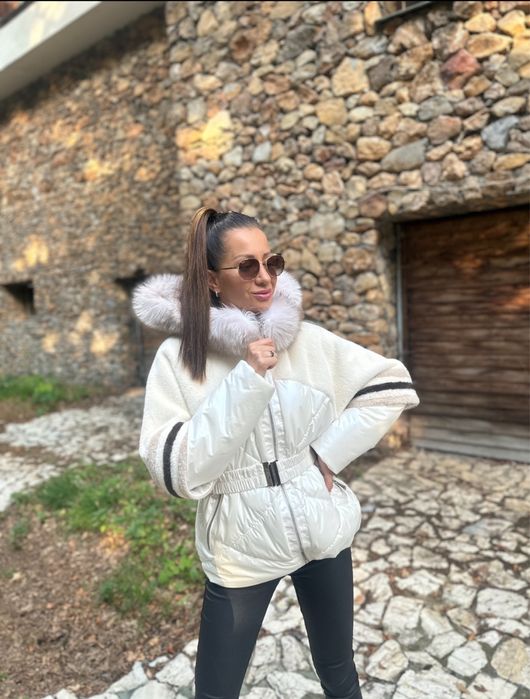 Бяло палто яке от естествена кожа алкантара с лисица ест. косъм 2 в 1