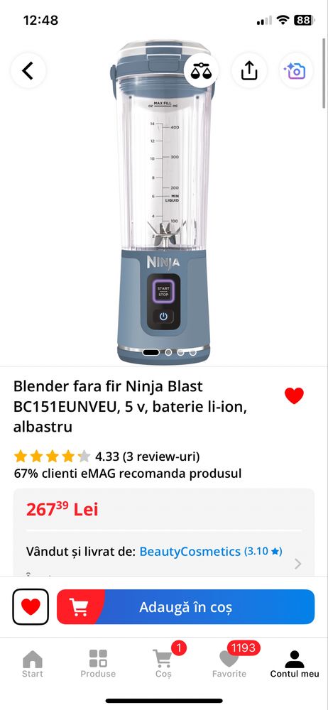 (eMag) garanție mini Portabil Blender fara fir Ninja Blast baterie gym