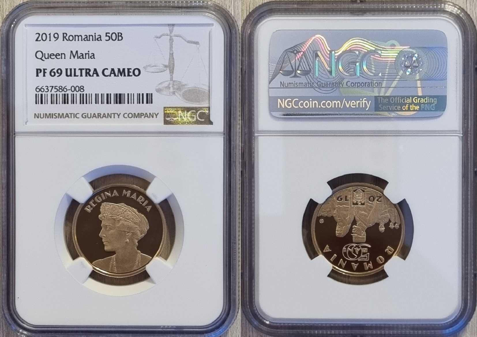 Moneda BNR 50 bani proof, Regina Maria, gradata NGC PF 69