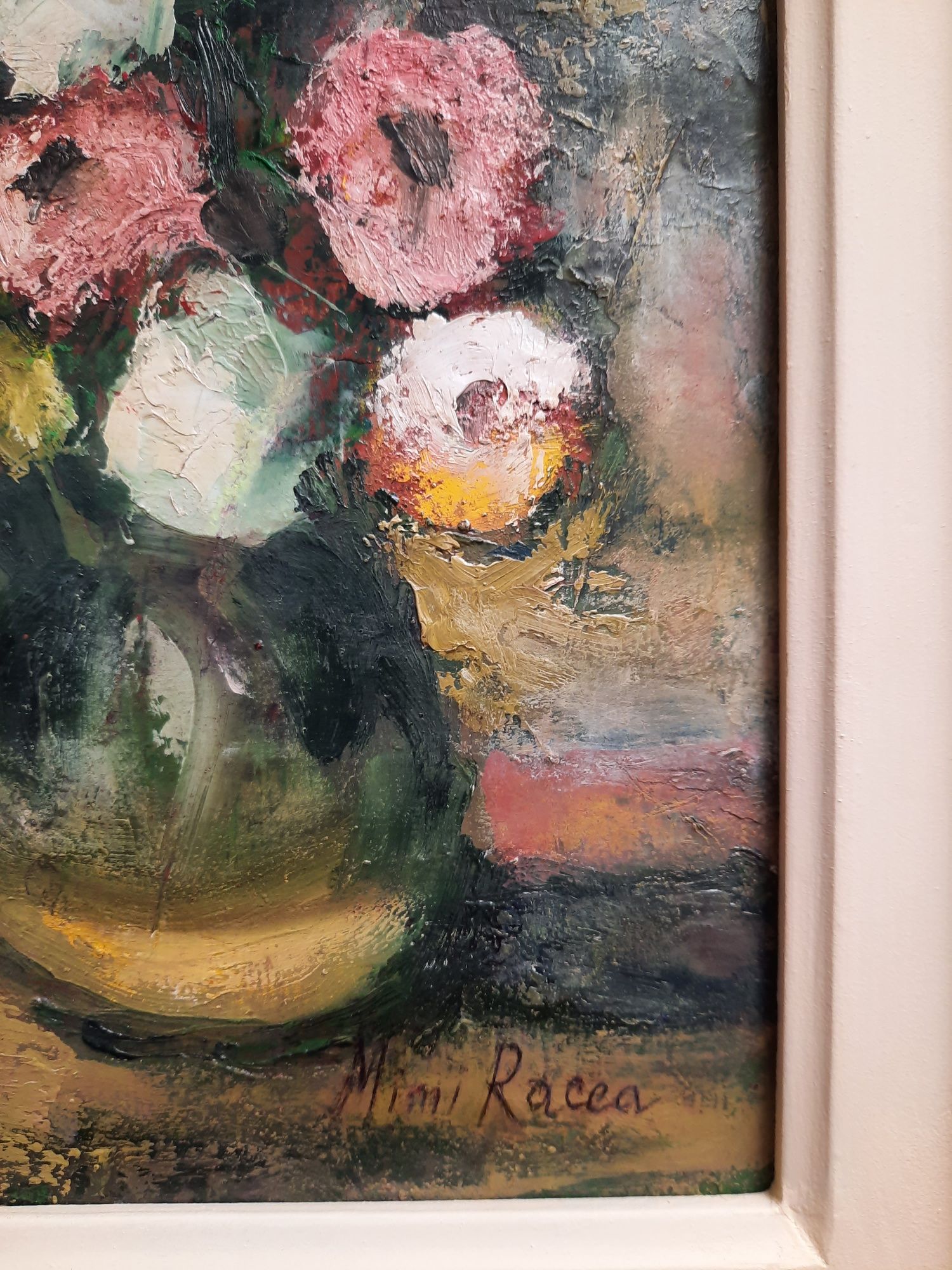 Pictură, tablou "Flori", Mimi Racea, ulei/ carton subțire.