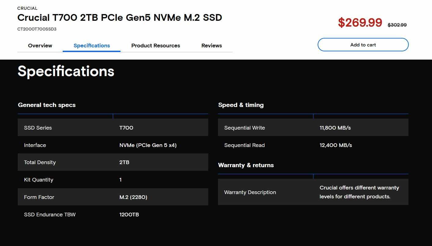 MICRON Crucial T700 2TB PCIe Gen5 M.2 NVMe SSD 12400MBs CT2000T700SSD3