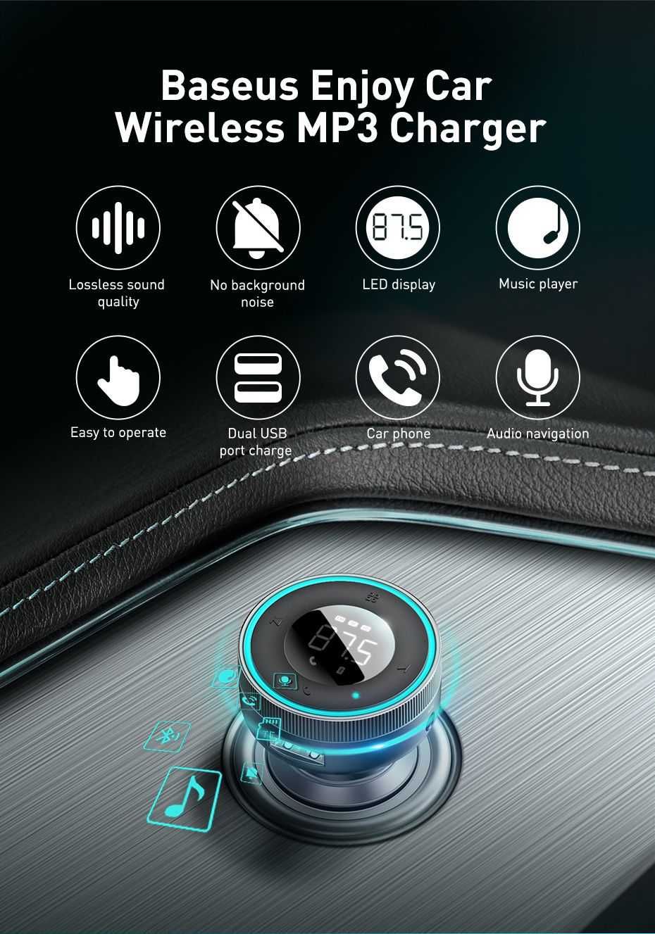 Baseus FM автомобилен трансмитер, безжичен Bluetooth, бързо зарядно
