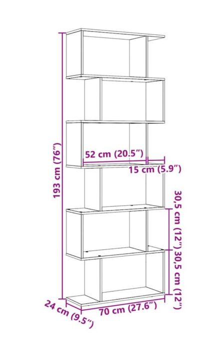 Biblioteca/separator, 6 niveluri, stejar maro, 70x24x193 cm, lemn..